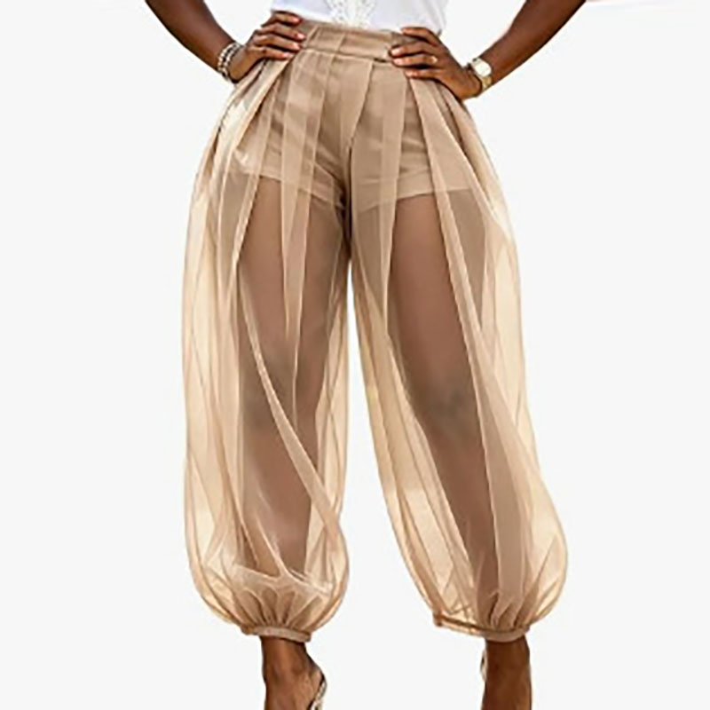 Pantalon de soirée bohème transparent pour femme, taille haute, uni, style harem, avec short intégré, bas élastiqué, coupe lanterne, idéal pour l'été