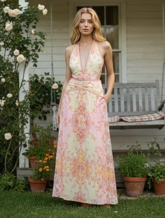 Robe longue sans manches à imprimé floral pour femme, sexy, dos nu, col en V, cintrée à la taille, tenue d'été quotidienne ou de vacances