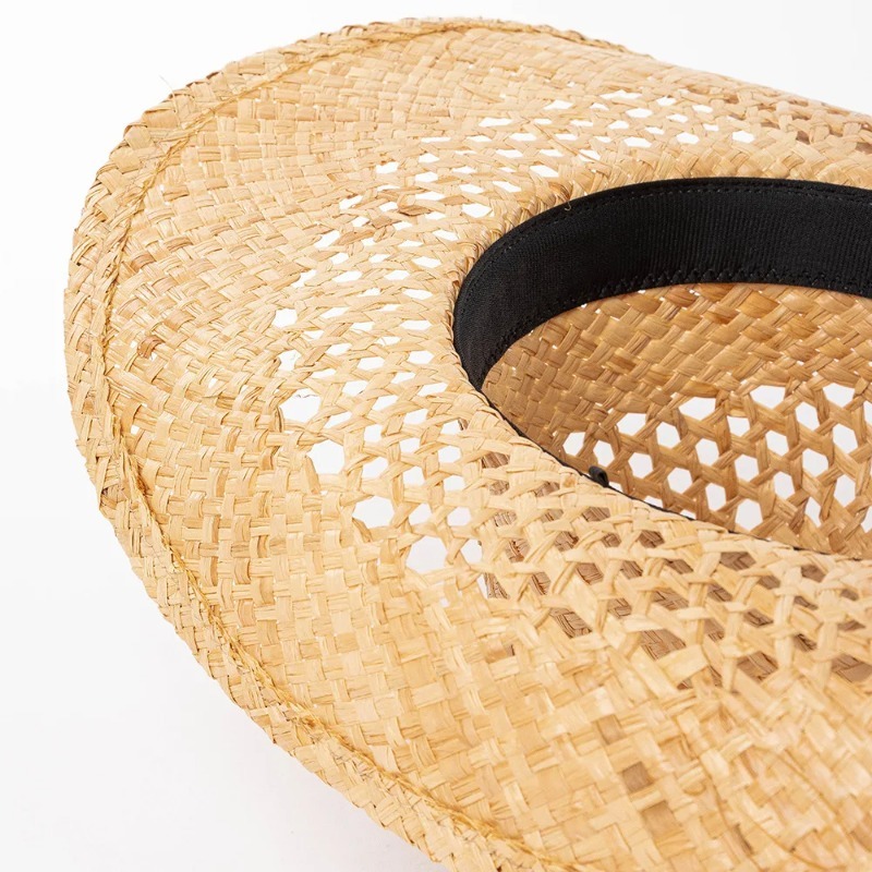 Chapeau en raphia tissé à la main pour femmes, chapeau d'été Simple de Cowboy occidental, chapeau de paille pour dames Ins California Girl, vacances en bord de mer, chapeau de soleil à bord bouclé
