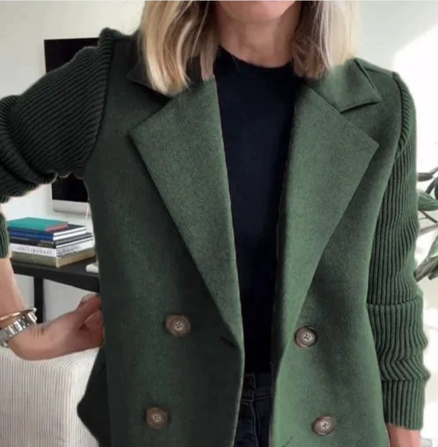 Manteau pour femme à manches tricotées, patchwork, double boutonnage, col rabattu, coupe ample, style veste de costume, style professionnel formel, manteau pull