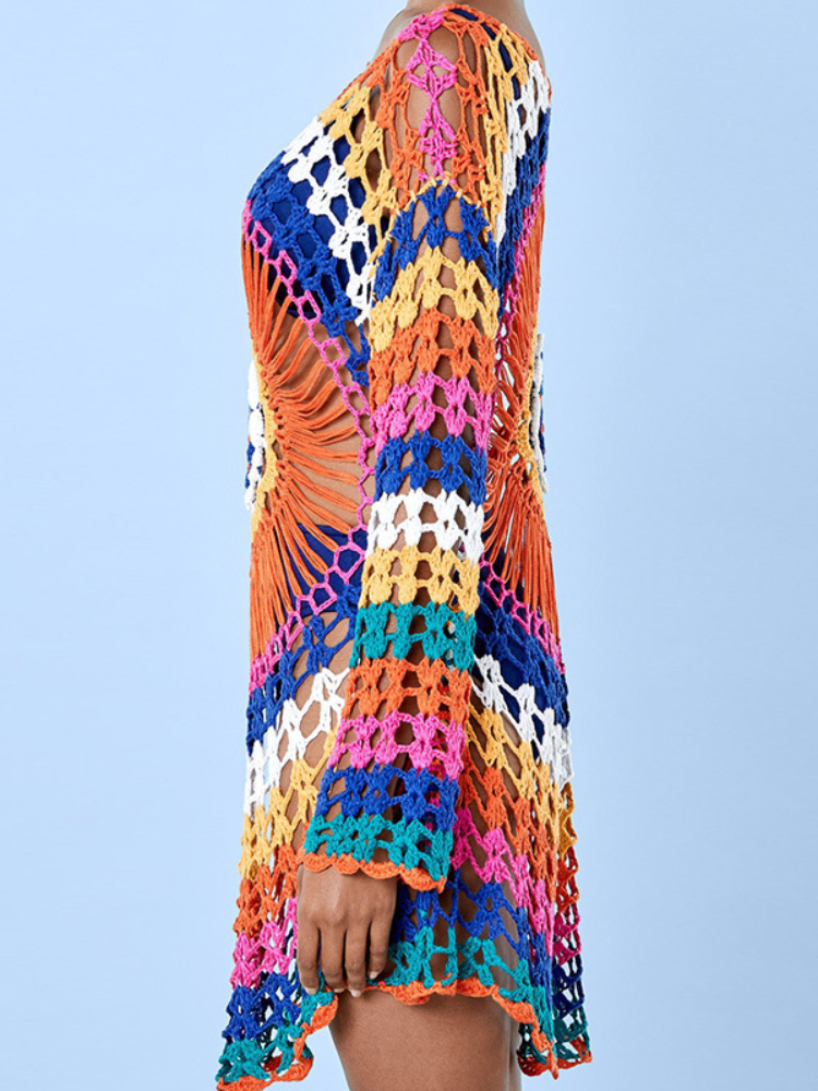 Robe de plage tricotée à manches longues faite à la main, couverture de bikini, haut au crochet arc-en-ciel, tunique de maillots de bain, mode d'été, qualité supérieure