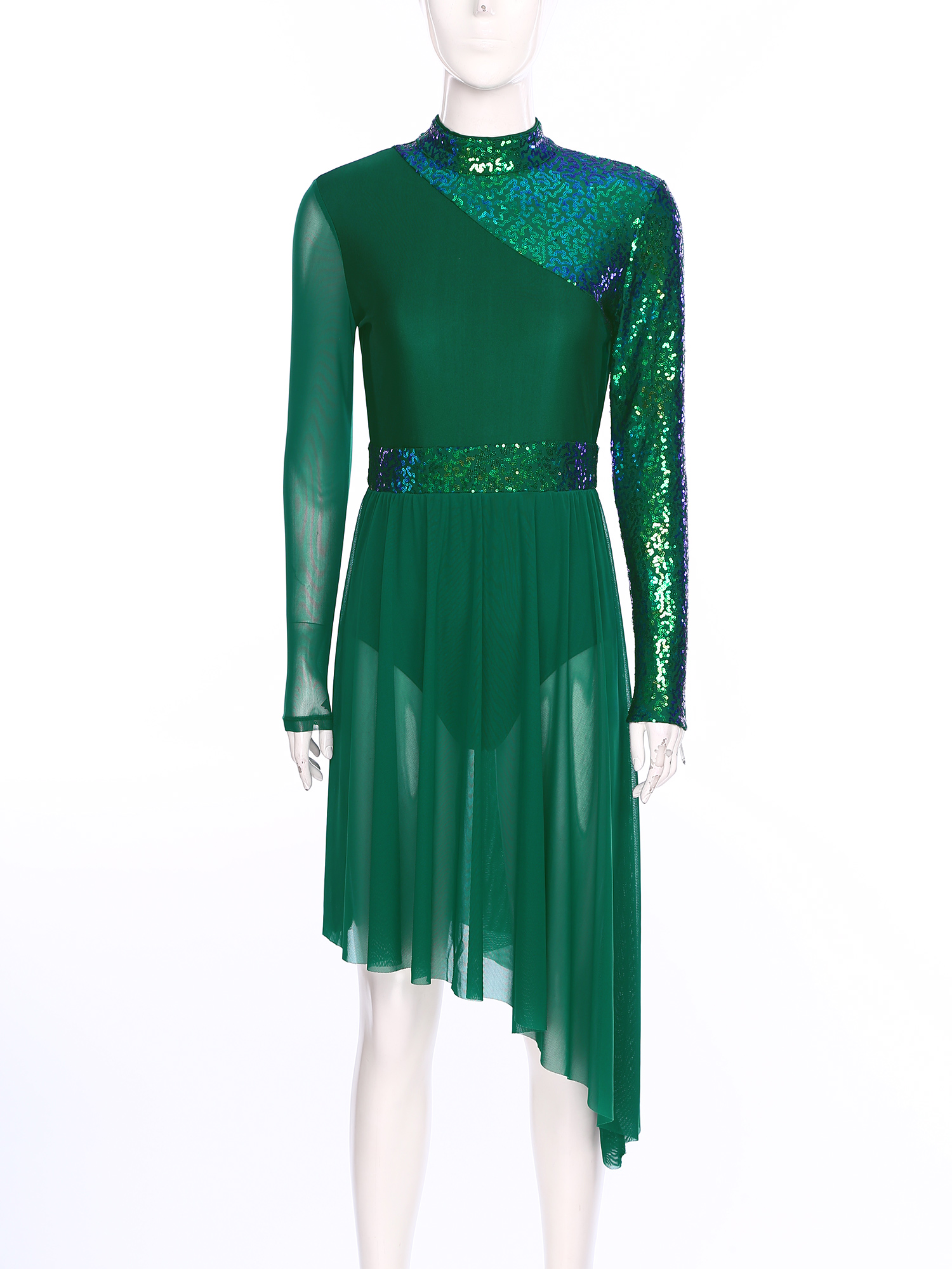 Robe lyrique pour femmes, robe de Ballet, manches longues, paillettes brillantes, ourlet irrégulier, justaucorps de danse, vêtements de danse pour spectacle sur scène