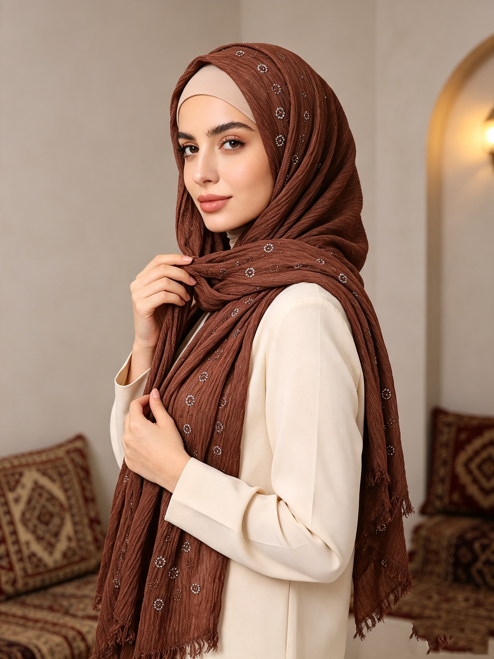 Hijab à texture froissée, écharpe à strass motif tournesol, foulard à franges et pompons, châle doux pour femmes musulmanes, pour usage quotidien.