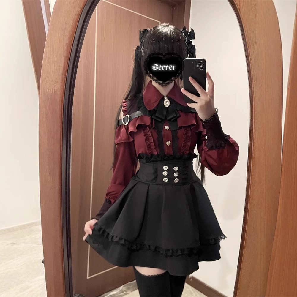 Jirai kei tenue Lolita filles chemise jupe ensemble femmes Kawaii nœud à manches longues Y2K décontracté esthétique chemise Style japonais femmes