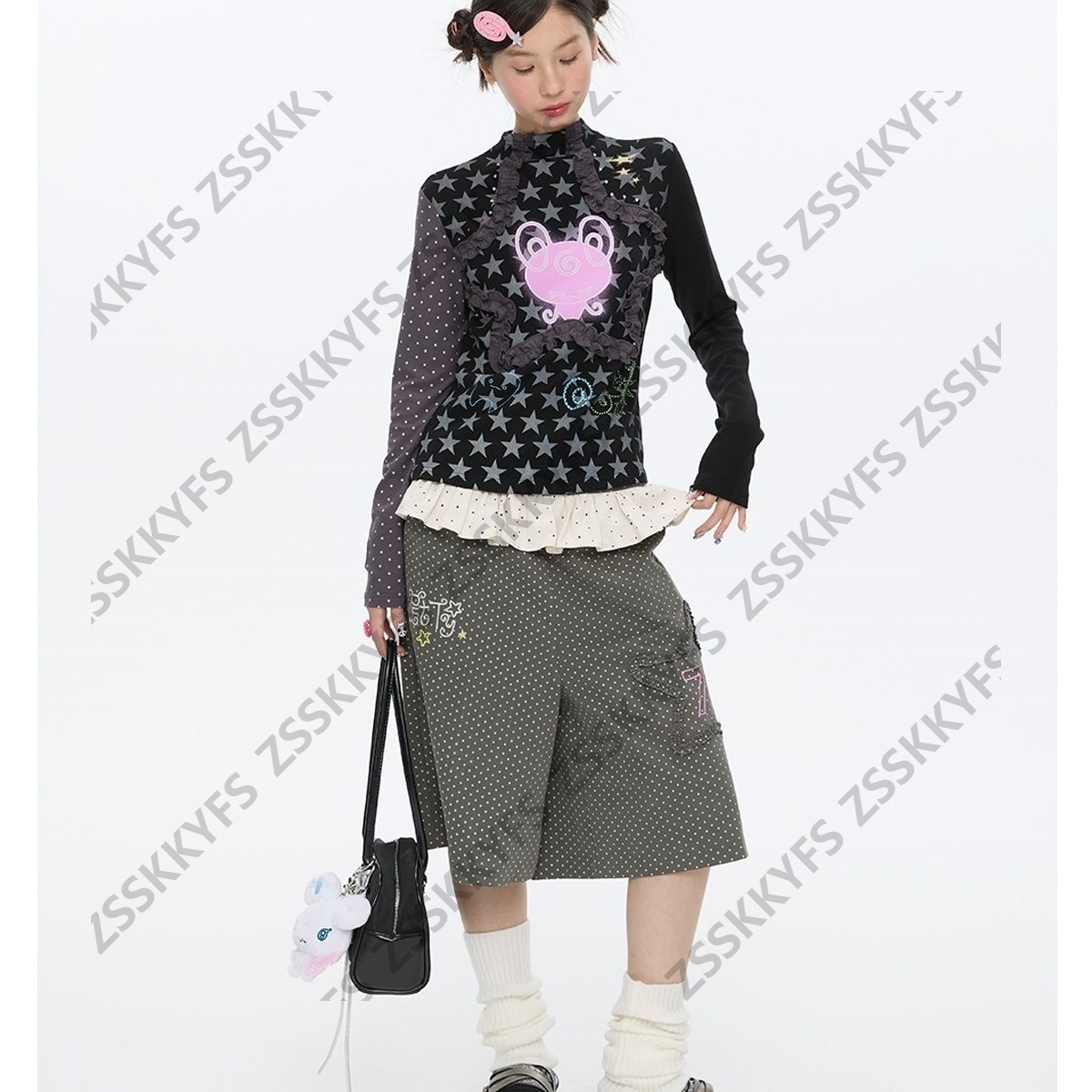 Pantalon japonais Y2k Vintage Goth Punk femme vêtements ample à pois années 2000 Kawaii Harajuku Grunge Emo Capri pantalon été filles chaudes