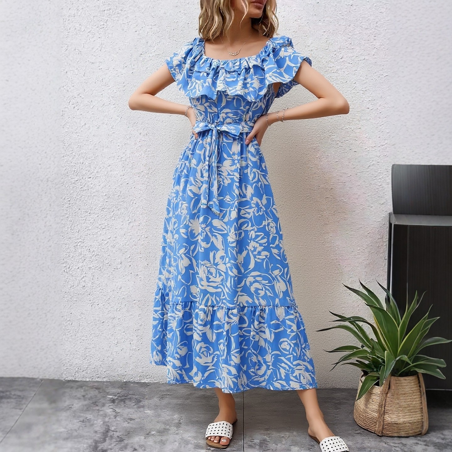 YuooMuoo Robe longue florale pour femme, épaules dénudées, style coréen, à volants, taille ajustée, coupe trapèze, robe de soirée, bohème d'été, ceinturée, robe de plage