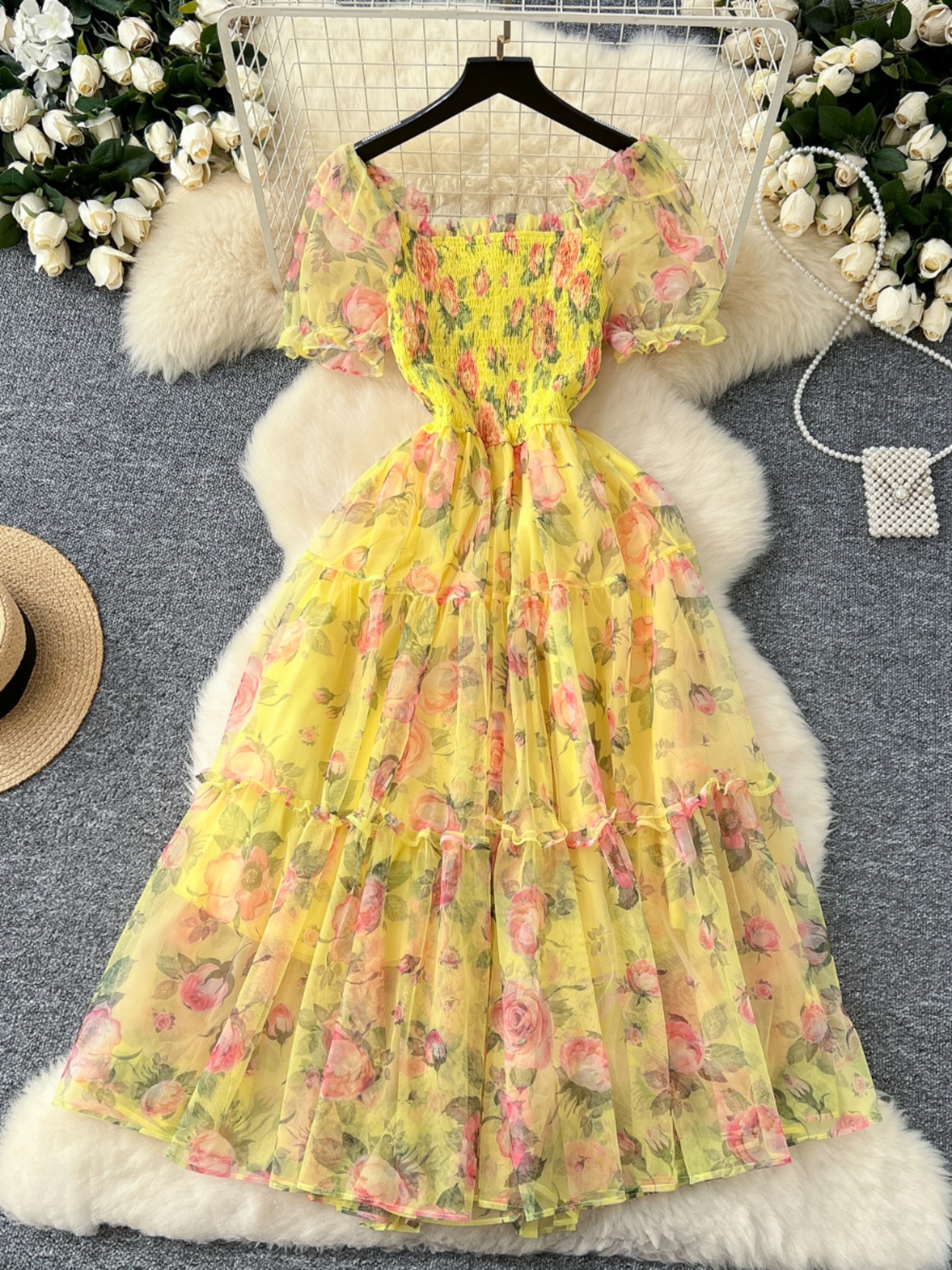 Rétro floral en mousseline de soie Dr taille femme cintrée une épaule bulle Sve Me jupe trajet coréen Sle taille haute a-ligne...