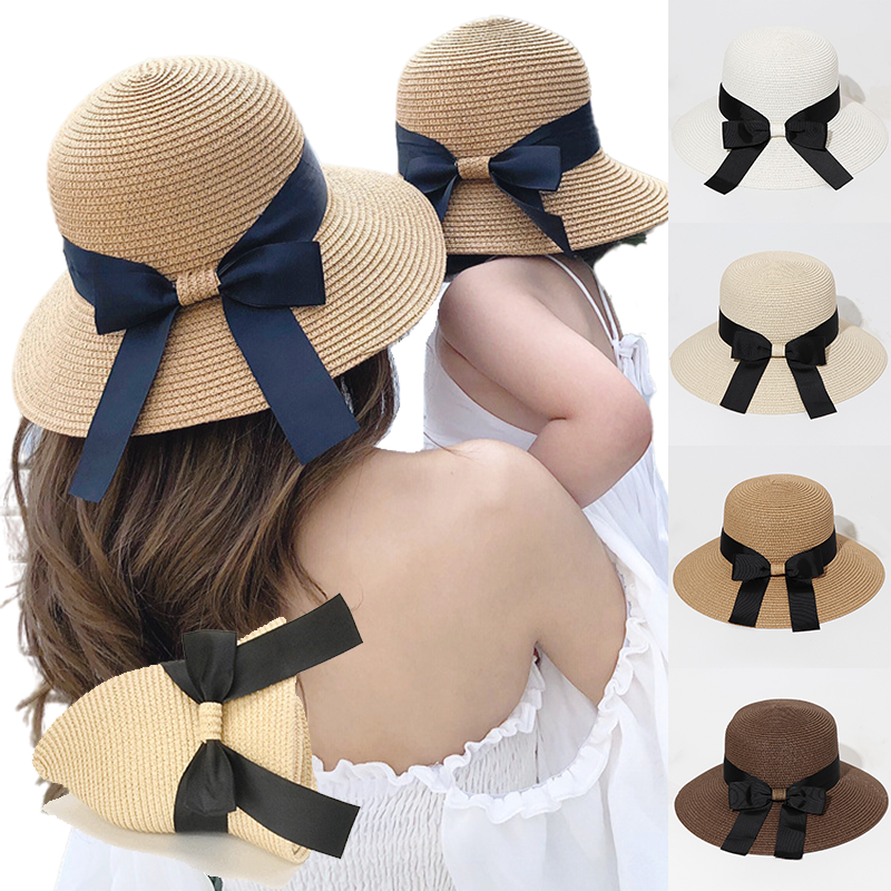 Chapeaux de soleil pliables à nœud papillon pour femmes et filles, chapeau de paille à large bord simple, protection UV extérieure, casquette de plage, femme, parent-enfant