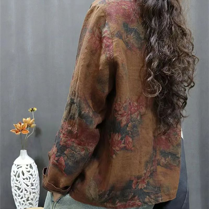 Chemisier Femme Style Ethnique à Motifs Floraux, Col Asymétrique Rétro, Nouveauté Printemps-Automne, Hauts Littéraires en Coton et Lin