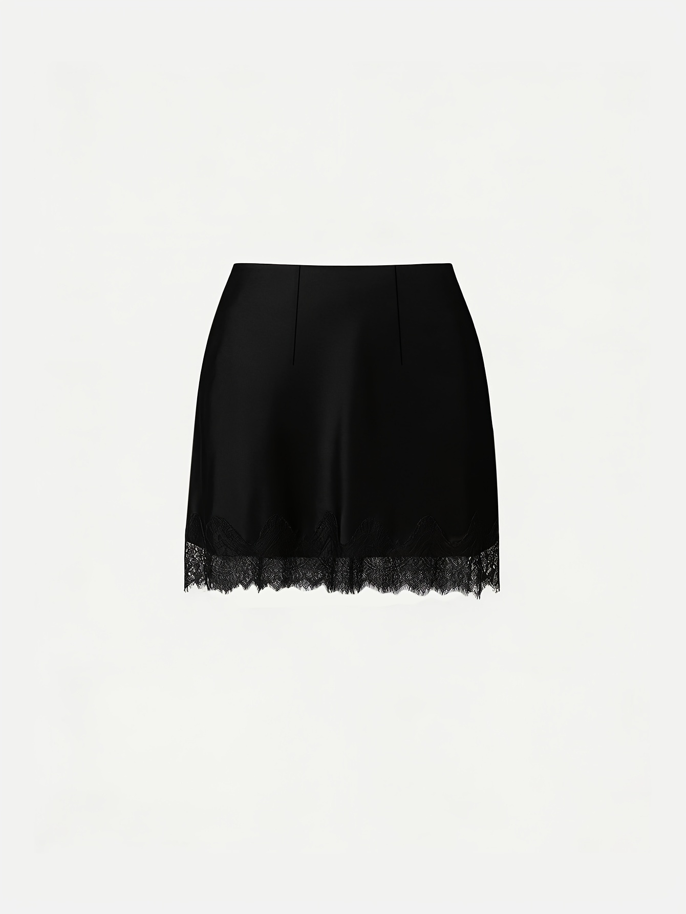 Mini-jupe noire en satin pour femme, taille haute, ourlet festonné en dentelle, jupe courte soyeuse coupe trapèze