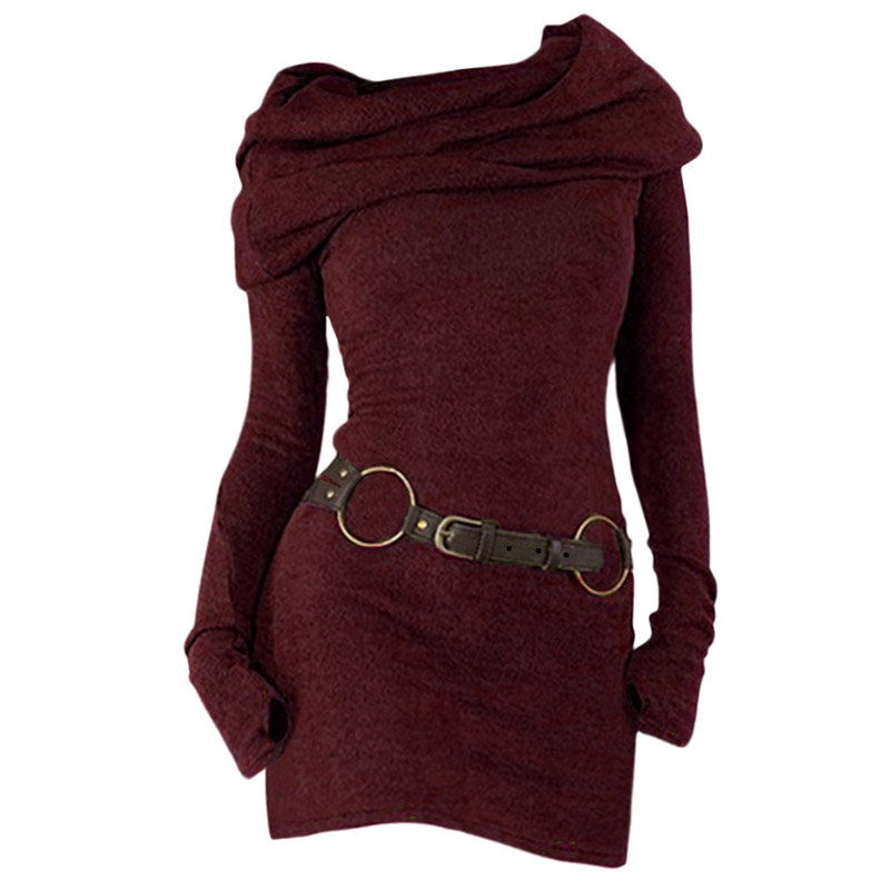 Dressfo robe femme à capuche col bénitier pull en tricot trou de pouce manches longues ceinturée robe tricotée vestidos