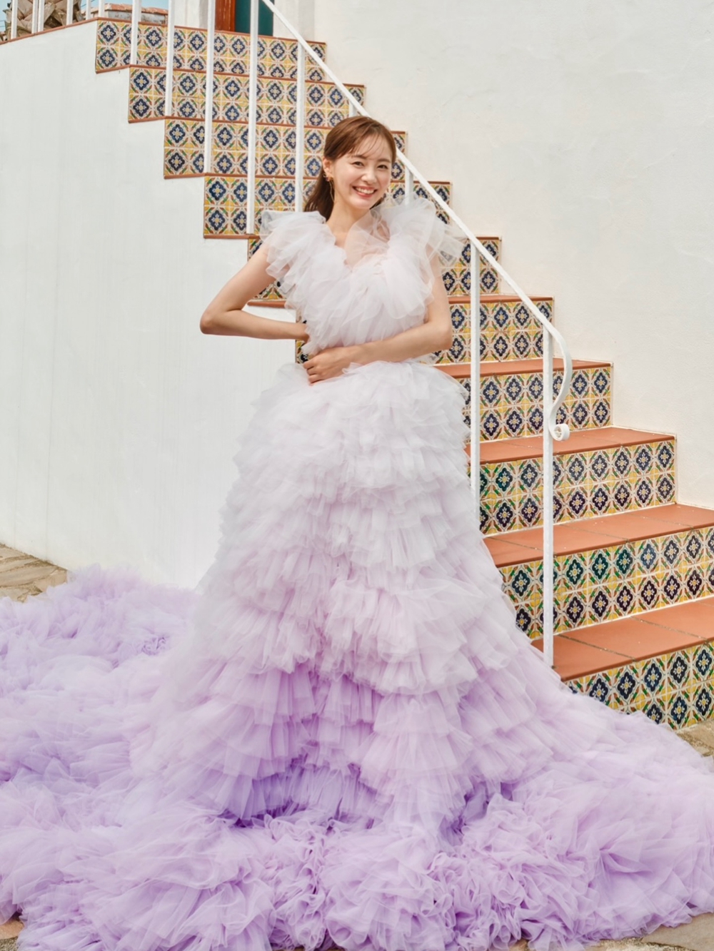 Robe de bal de luxe en tulle dégradé lavande pour femme, avec volants en maille, robe de soirée, de mariage ou de cérémonie, longue traîne, style célébrité