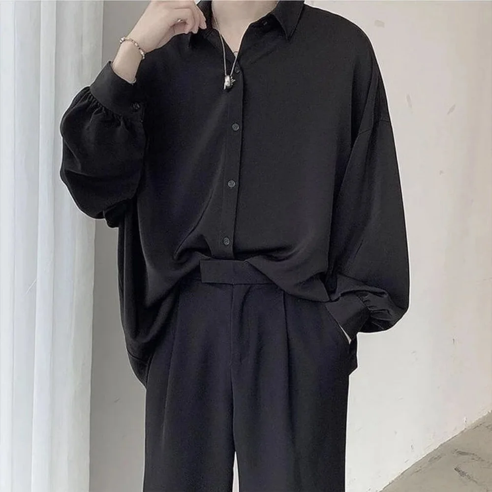 Chemises à manches longues pour hommes de Style coréen cravate noire confortable décontracté solide surdimensionné Blouses respirant chemise ample Harajuku vêtements masculins