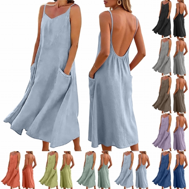 Robe en lin longue, décontractée, fluide, robe plage longue