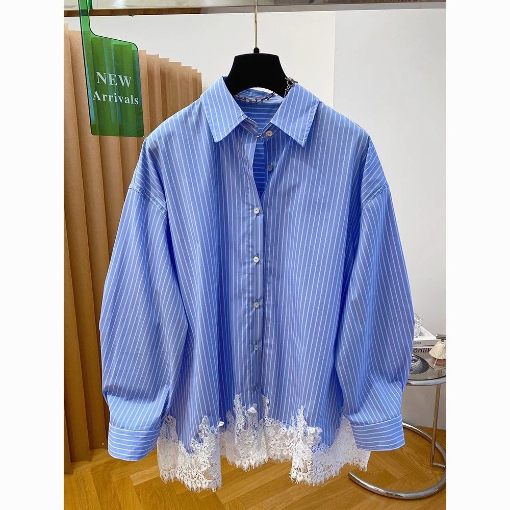 Dentelle Patchwork à manches longues bleu rayé chemise Blusas Femininas Elegantes chemises et chemisiers Camisas De Mujer été