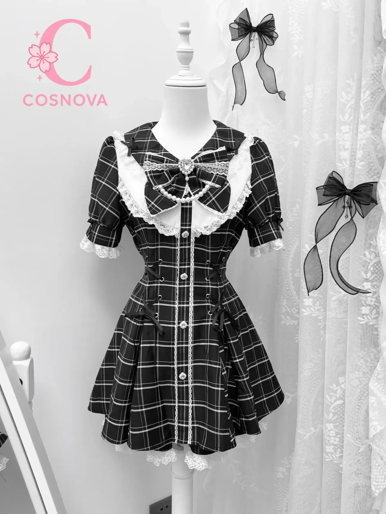 Kawaii – ensemble jupe à carreaux à manches courtes pour femmes, robe esthétique Y2k, coupe cintrée, taille haute, à carreaux gris, Chic, Style collège, tenues 2 pièces