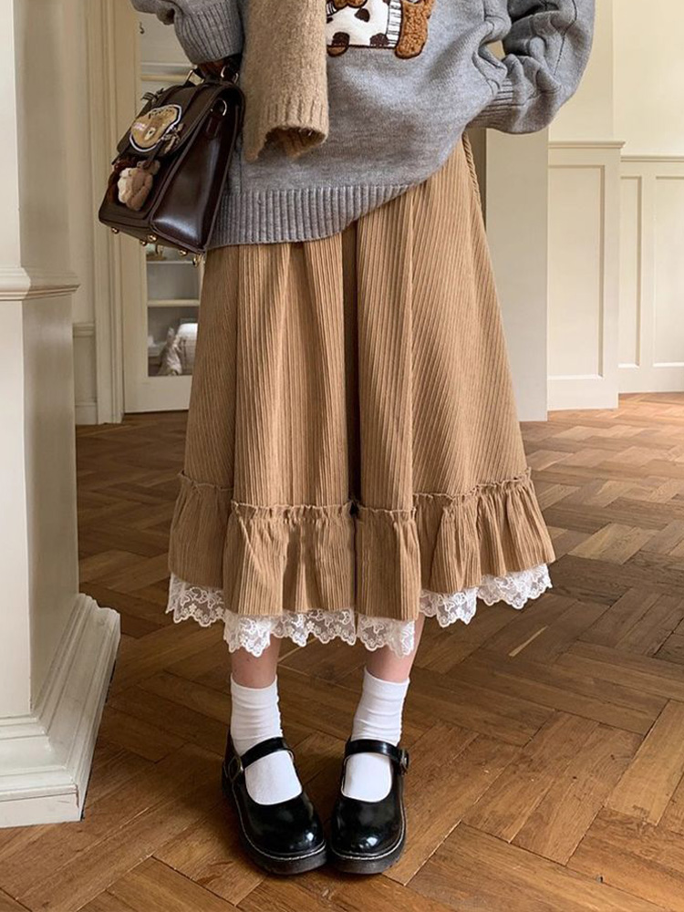 Printemps doux mignon jupe longue femmes Vintage Preppy Style dentelle Patchwork Kawaii jupes japon rétro décontracté dame élégante jupes longues