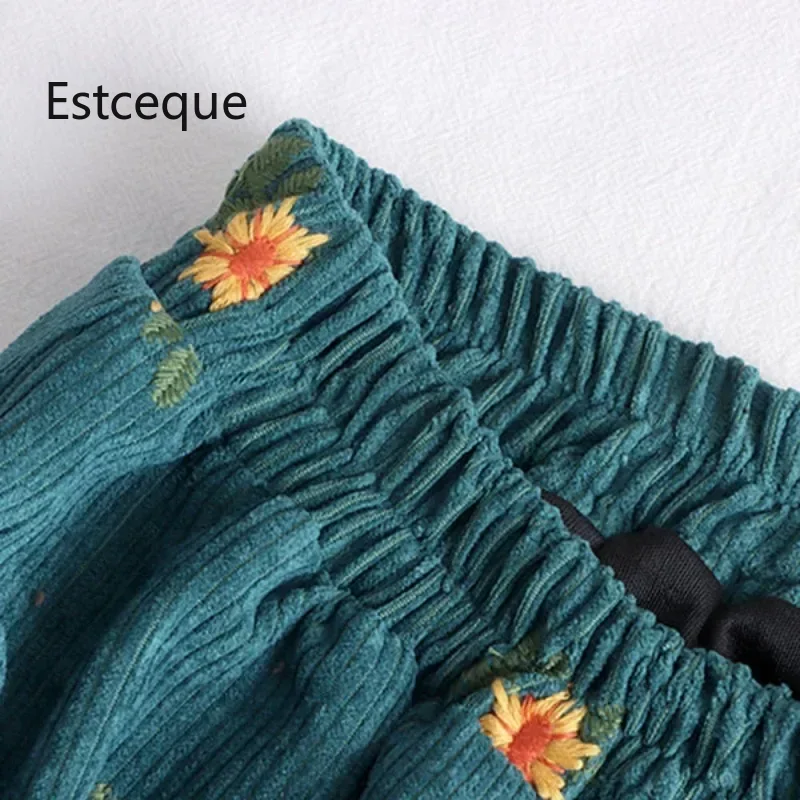 Jupes en velours côtelé brodées pour femmes, nouvelle collection automne-hiver, jupes florales à taille haute, amincissantes, mi-mollet pour femme