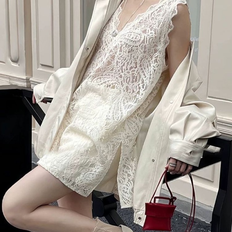 Gilet sans manches ajouré à col en v pour femmes, pull décontracté en dentelle ample, couleur unie, haut polyvalent et élégant pour femmes