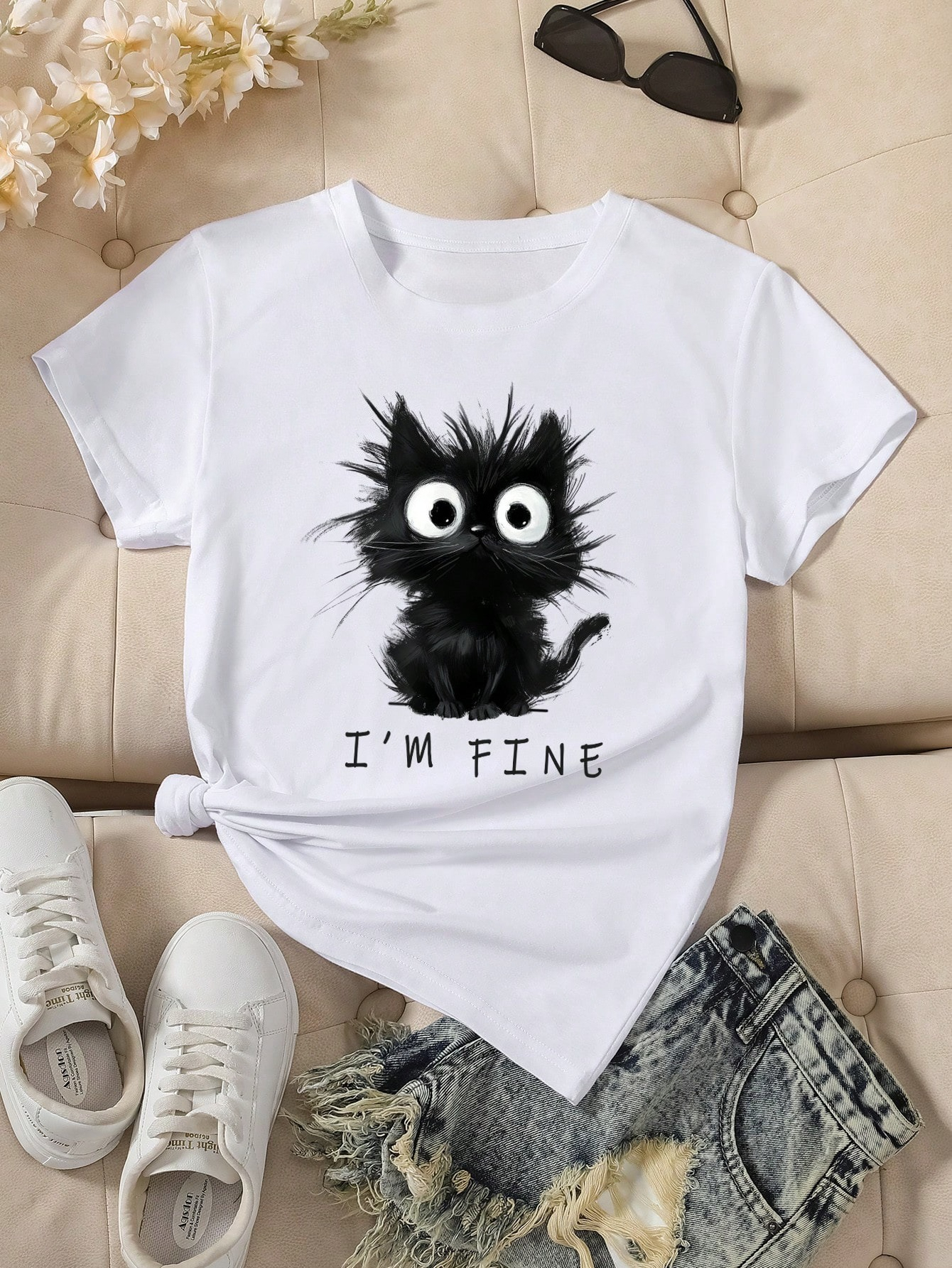 2025 nouveau femmes mignon chat motif graphique à manches courtes T-Shirt col rond décontracté T-Shirt hauts Cool imprimé femmes t-shirts