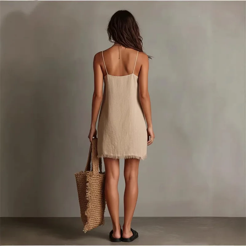 Nouvelle Robe Courte de Plage 2026 pour Femme, Sexy, Dos Nu, Col en V, Ample, Couleur Unie, Idéale pour les Vacances et la Maison
