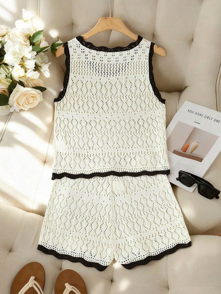 Style vacances d'été à la plage : Ensemble 2 pièces sexy pour femme, débardeur et short en maille sans manches, col ondulé, ajouré et color-block