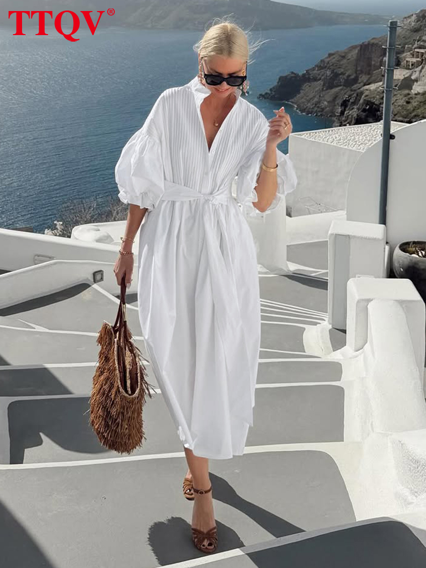 Robe décontractée en coton blanc ample pour femme TTQV, col montant, manches mi-longues, robe midi élégante classique à lacets pour femme
