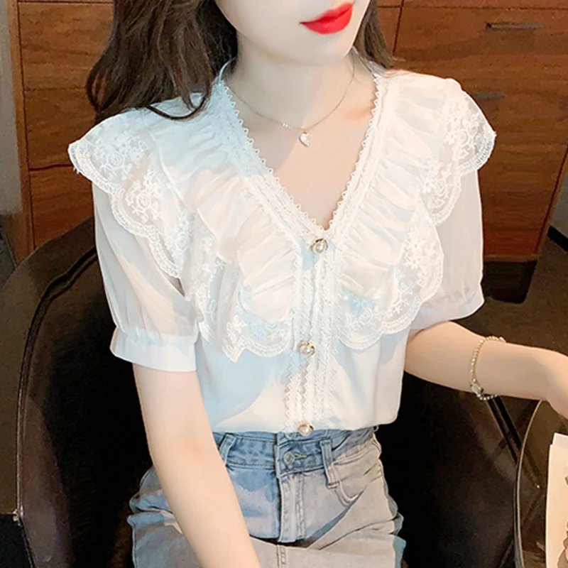 Blouses en Chiffon et Dentelle pour Femme Été 2026 – Élégantes, Tendance, Blouses Blanches Décontractées, Coupe Slim, Manches Bouffantes Vintage, Hauts Féminins