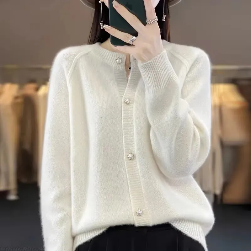 Nouveau femmes Cardigan pull automne/hiver col rond étoile bouton solide tricot chemise à bascule veste qualité tricots femmes hauts