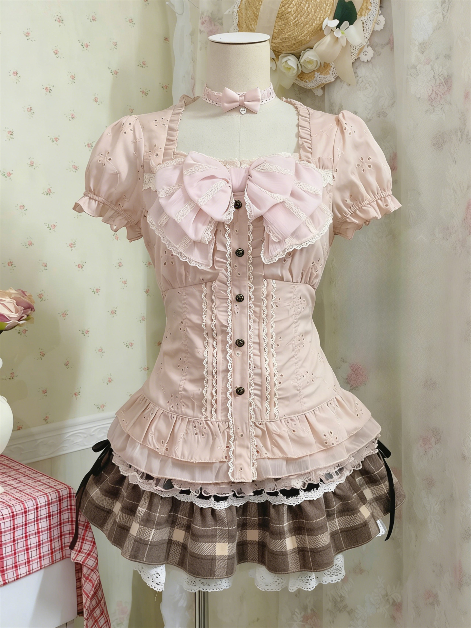 Ensemble de trois pièces japonais pour femmes, chemisier en dentelle à nœud + débardeur + mini-jupe à volants à carreaux, style Y2K vintage kawaii chic coréen