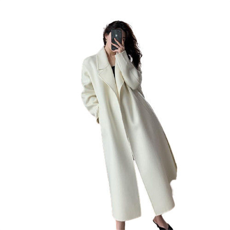 Manteau long en laine mélangée avec ceinture pour femme, veste femme, coupe-vent, blanc, tempérament, optique, automne, hiver, mode haut de gamme, 99