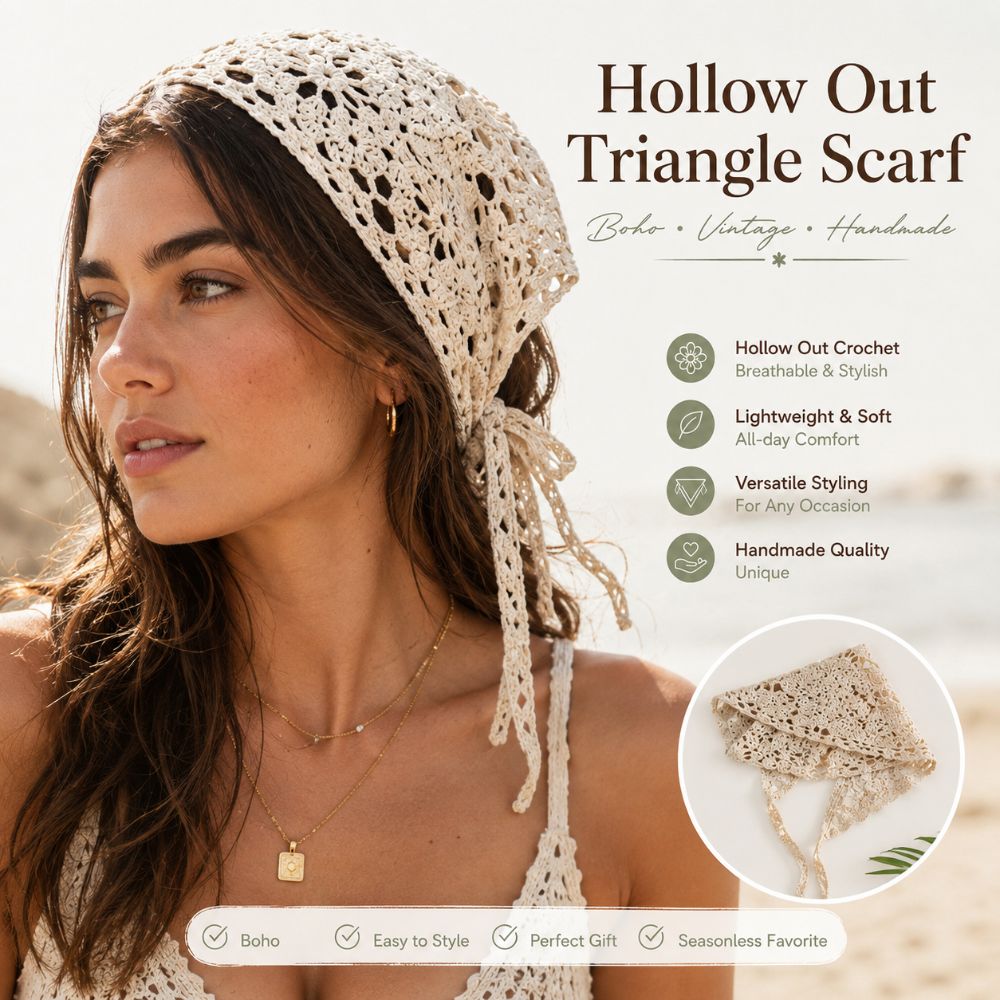 Foulard triangulaire uni en maille transparente, fait main au crochet, bandeau rétro tricoté au crochet, style doux et mignon