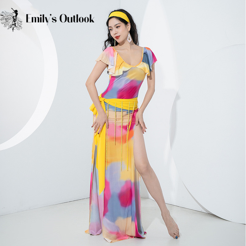 Shaine-Baladi-Costume de brevdu Ventre pour Femme, Robe Imprimée, Manches Courtes à Volants, Sexy, Fente Latérale, Performance, Nouveau, Ensemble de 4 Pièces