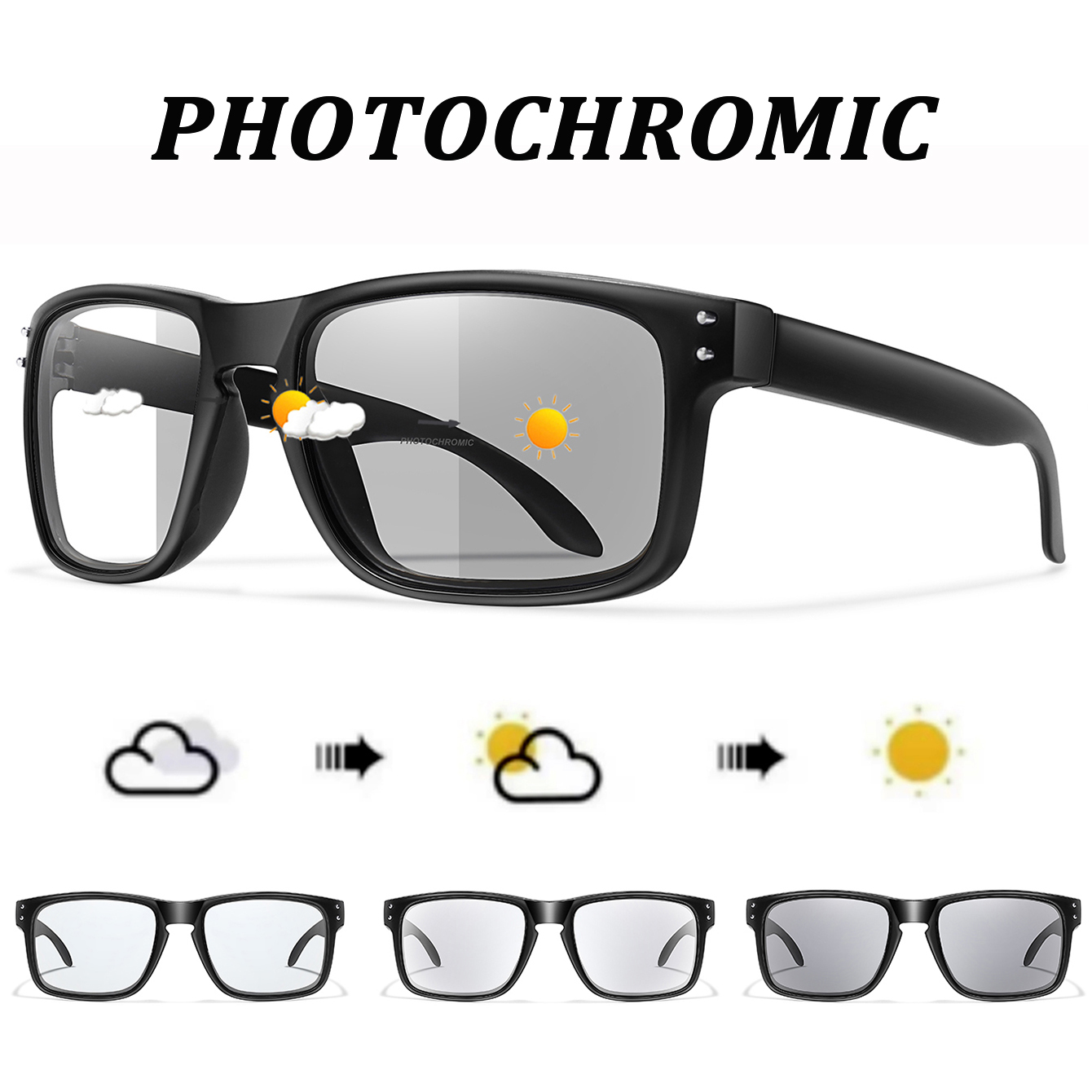 Lunettes de soleil photochromiques vintage pour hommes et femmes, monture carrée classique avec rivets pour les sports de plein air, la course à pied, le cyclisme