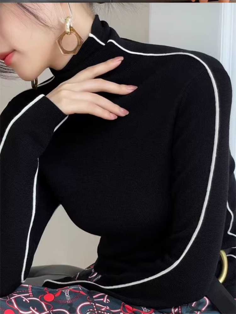 Mode col haut T-shirt femmes automne hiver à la mode couleur bloquant Slim Fit hauts femme Base simplicité à manches longues hauts