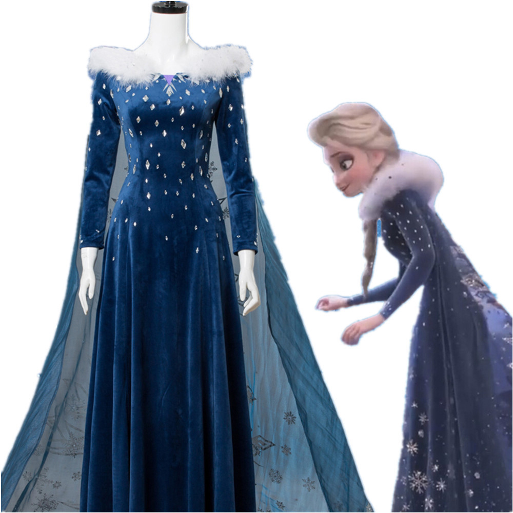 Déguisement Elsa Reine des Neiges Costume Adulte La Reine des Neiges : Joyeuses Fêtes Robe en Velours Bleu Foncé avec Cape de Noël pour Femme