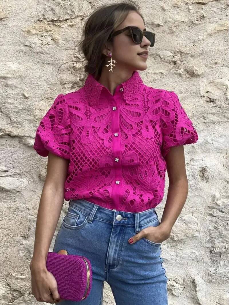 Chemise de créateur en dentelle pour femmes, chemisier élégant en dentelle au Crochet, chemise à revers Slim à manches courtes avec manches bouffantes, BQZ2