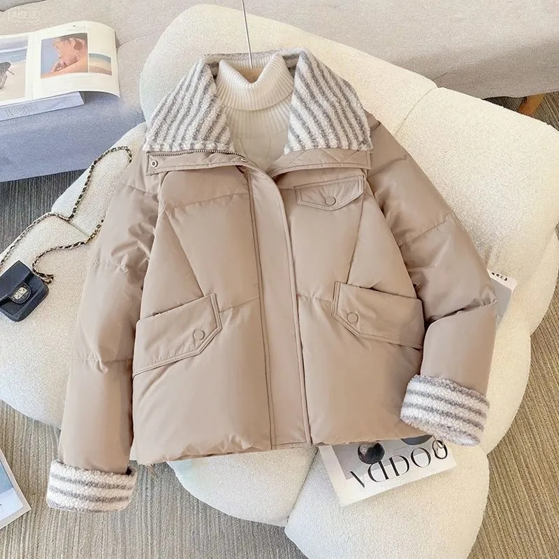 Veste Parkas à col à revers pour Femme, manteau court rembourré en coton, à la mode, manches longues, vêtements d'extérieur bouffants, automne hiver
