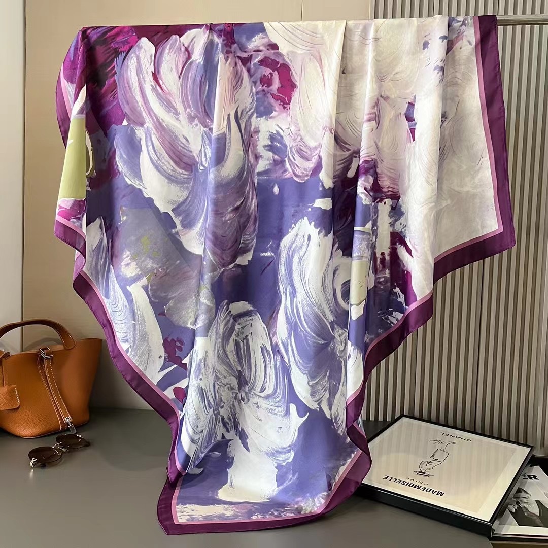 2025 nouveau 110 cm grande écharpe satin imprimé foulard en soie Lijin forgé imitation soie foulard pour femme