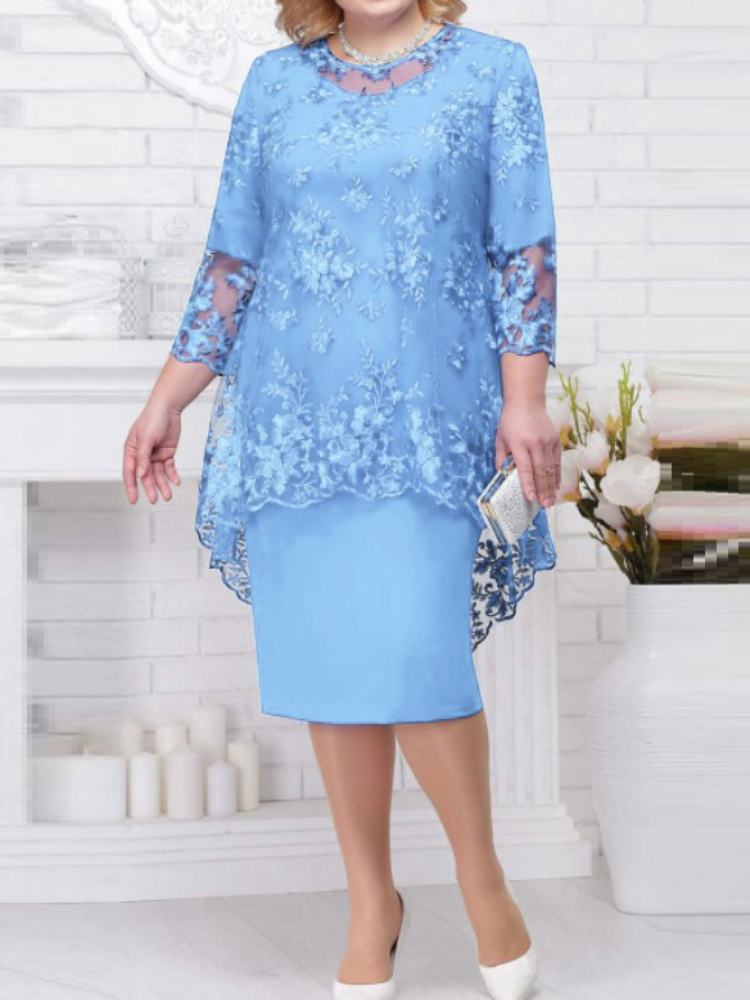 FSMG – robe de soirée grande taille pour femmes, ensemble deux pièces Slim Fit, couleur unie, col rond, taille haute, dentelle brodée