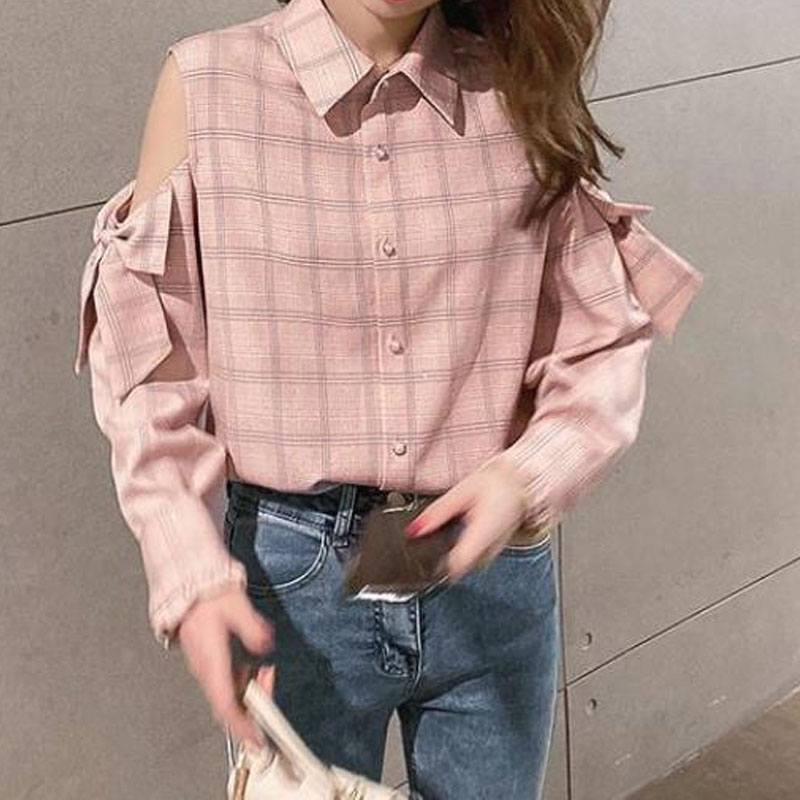 Chemisier à carreaux à manches longues pour femmes, chemise épissée à nœud, décontracté, tout match, mode coréenne, vêtements pour femmes, printemps, automne