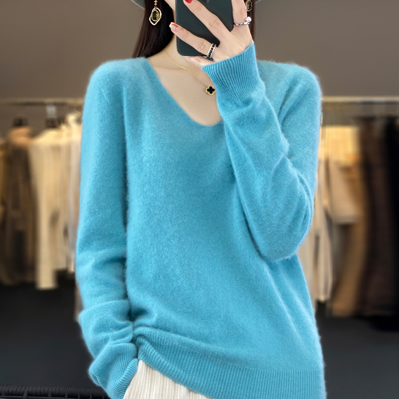 Pull en cachemire à col en V pour femme, 100% laine mérinos, pull basique, manches longues, tricots doux, document Y-Solid, vêtements d'automne et d'hiver