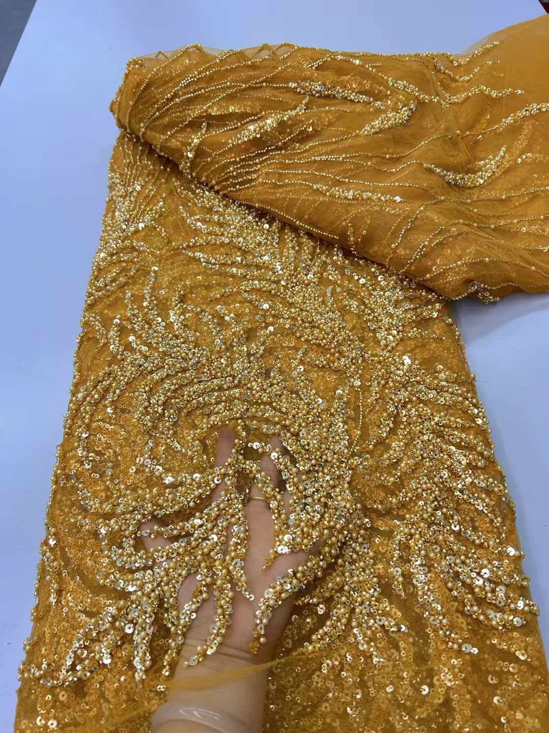 Tissu africain luxueux en dentelle à paillettes dorées pour marié, Tulle français brodé de perles lourdes de haute qualité 2025, pour robes de mariée