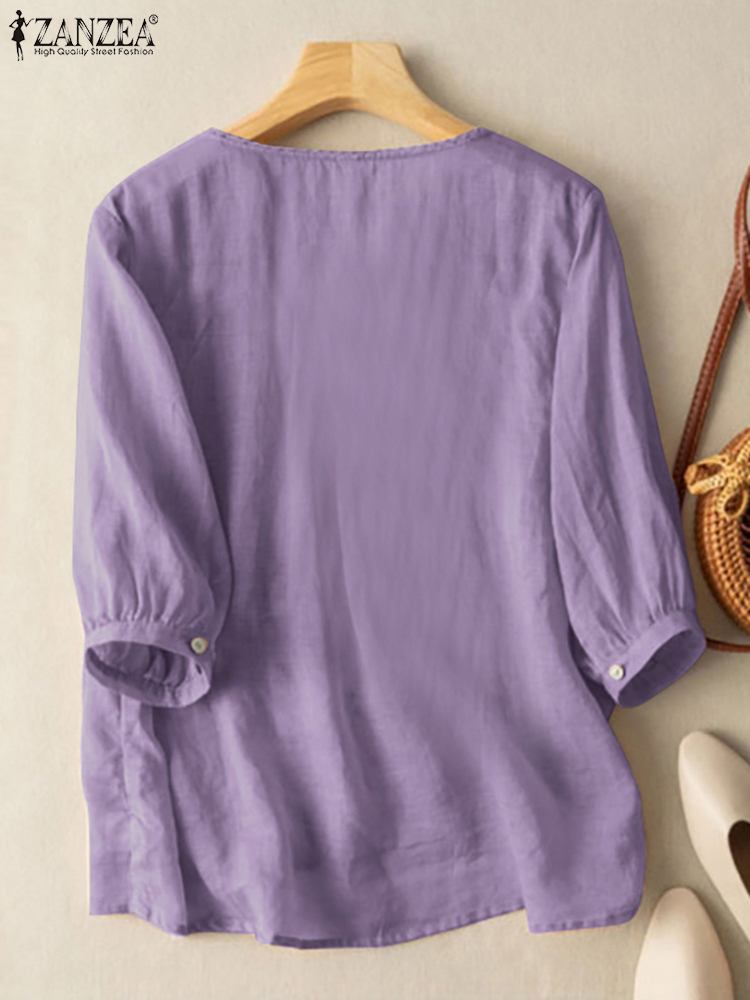 ZANZEA femmes élégantes chemisiers brodés automne 2024 3/4 manches bouffantes Transparent Blusas Mujer décontracté Vintage coton dessus de chemise