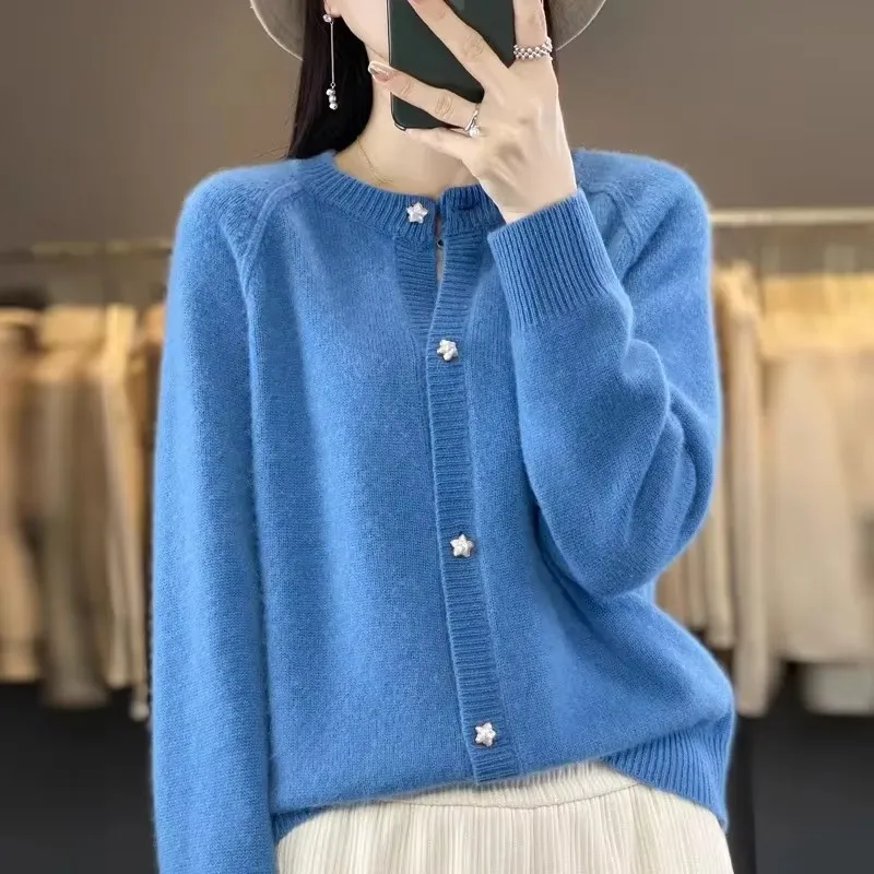 Nouveau femmes Cardigan pull automne/hiver col rond étoile bouton solide tricot chemise à bascule veste qualité tricots femmes hauts