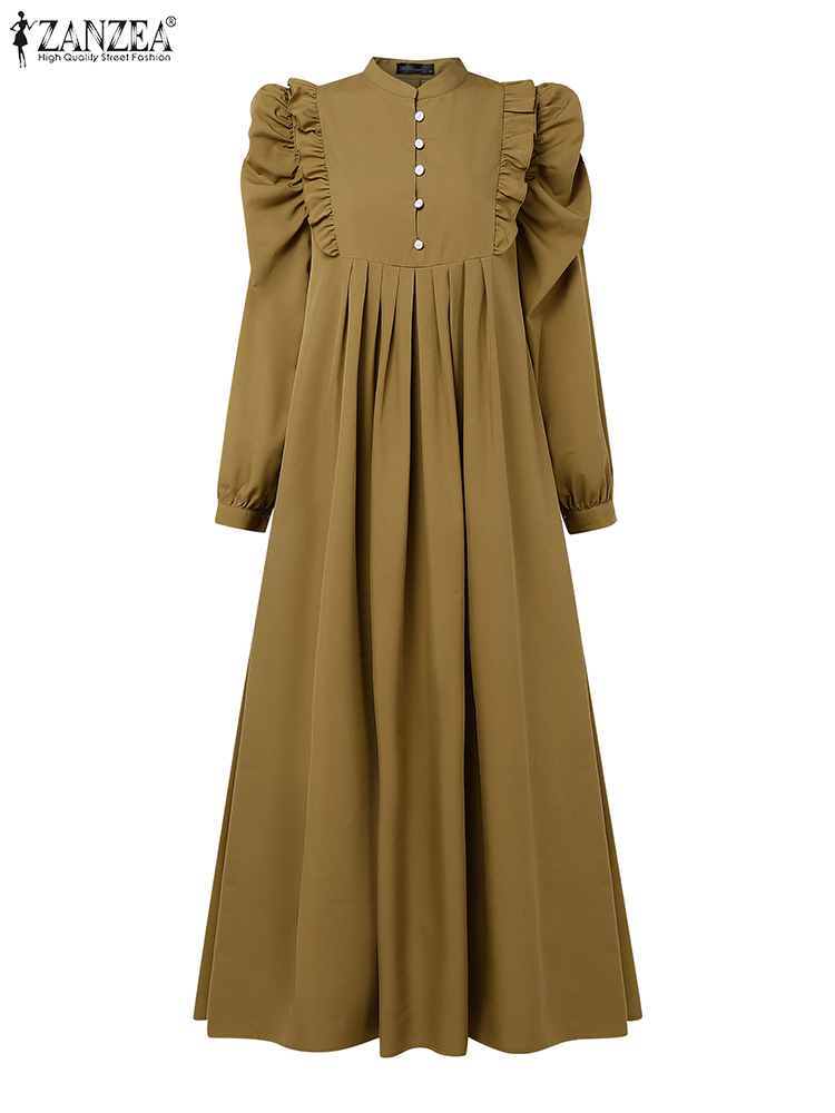 ZANZEA musulman modeste Maxi Robes femmes élégant volants garniture à manches longues plissé Abaya Robes islamique Hijabis Eid Robes 2025