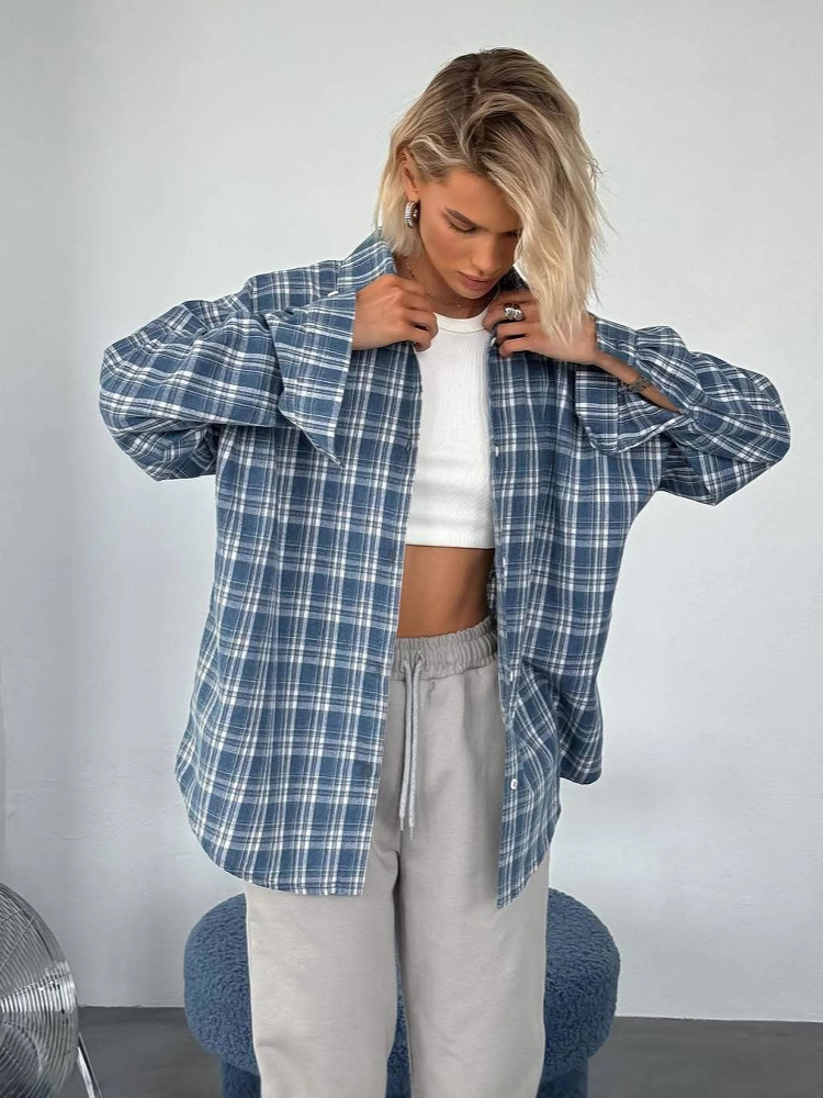 Chemise à carreaux vintage pour femmes, haut à manches longues, vêtement d'extérieur printemps-automne, chemise décontractée à simple boutonnage, chemisier ample en coton 2027