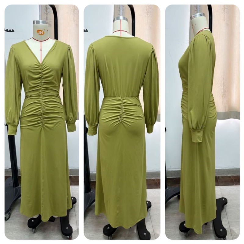 Femmes robe longue élégante moulante enveloppé noeud solide col en v à manches longues soirée Cocktail robes formelles pour les femmes