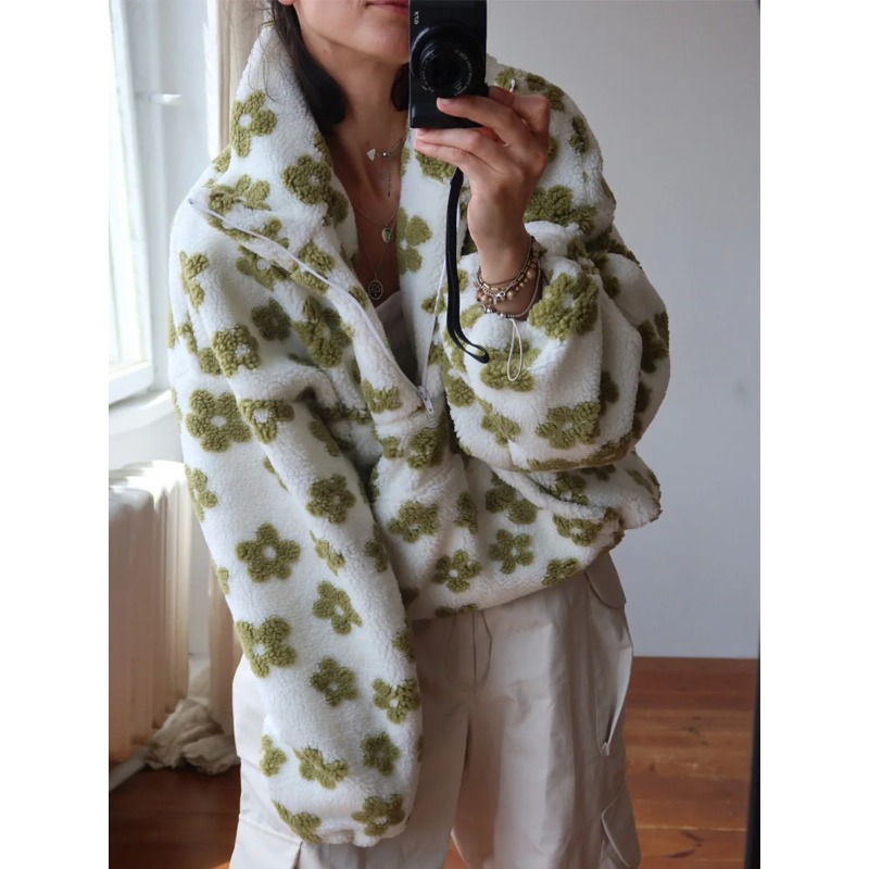 Pull en polaire à fleurs tendance pour femmes 2026, pull en coton, ample, chaud, col montant en fourrure, fermeture éclair