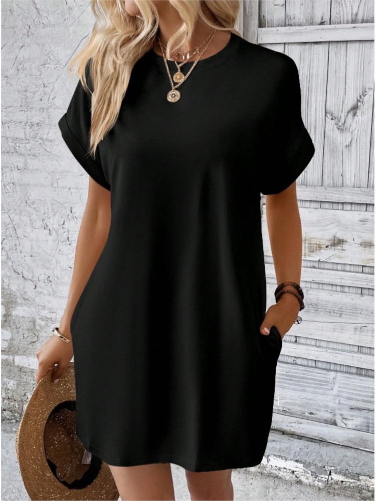 Robe de plage Style Boho Resort pour femmes, couleur unie, col rond, ample, manches courtes, poches, Mini, nouvelle collection été 2024